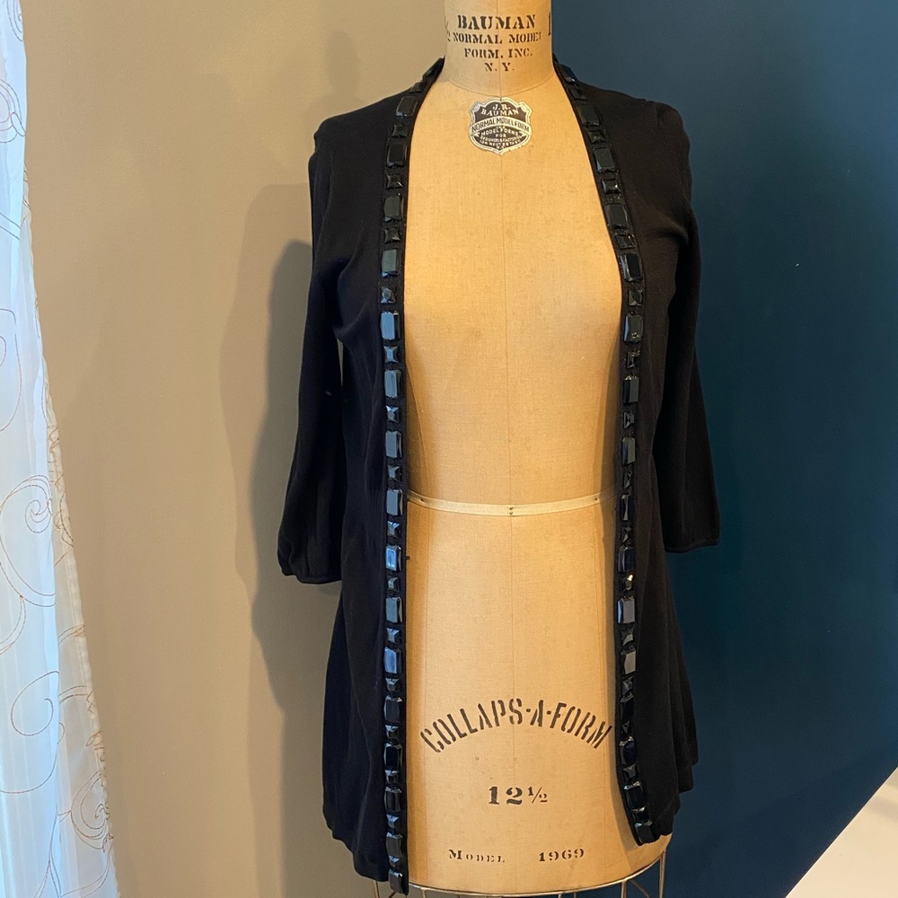 Long black cardigan with beadwork trim